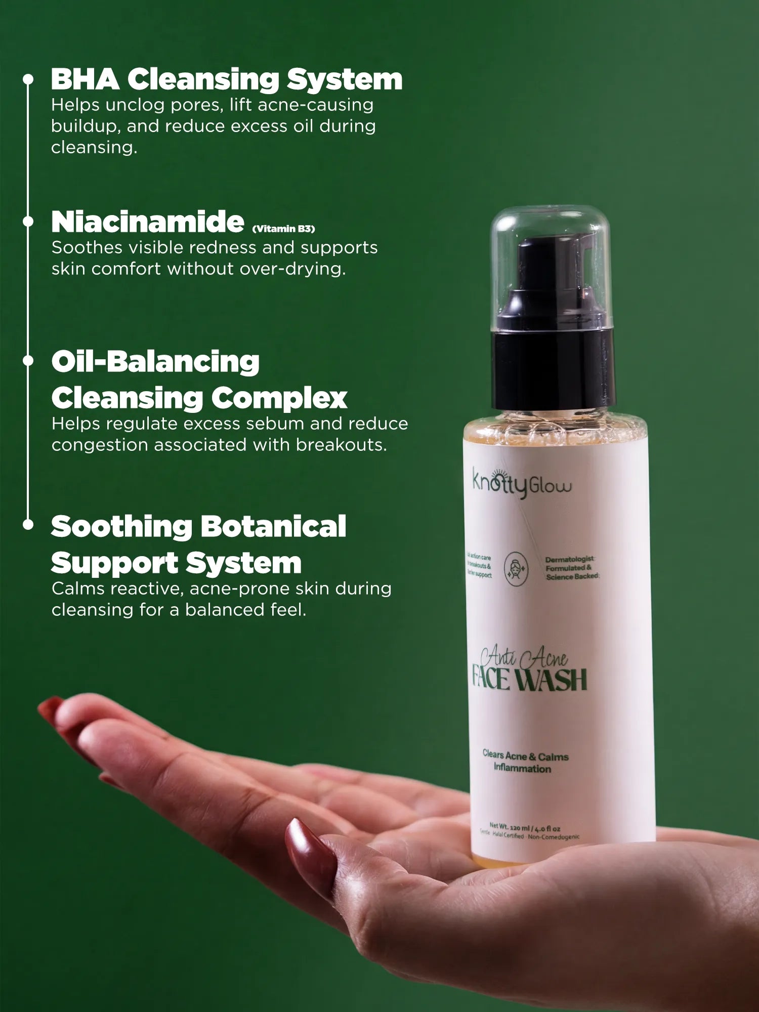 Step by step guide showing how to apply acne face wash on wet skin, massage gently and rinse thoroughly for daily cleansing.
