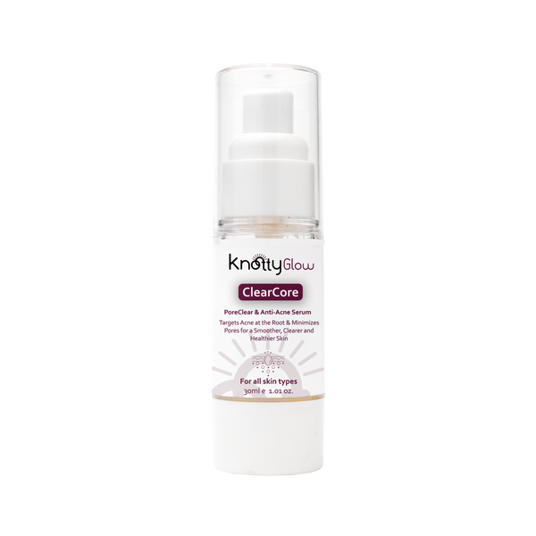 ClearCore Anti-Acne Serum 30ml bottle for acne treatment, reducing breakouts, and calming irritated skin.