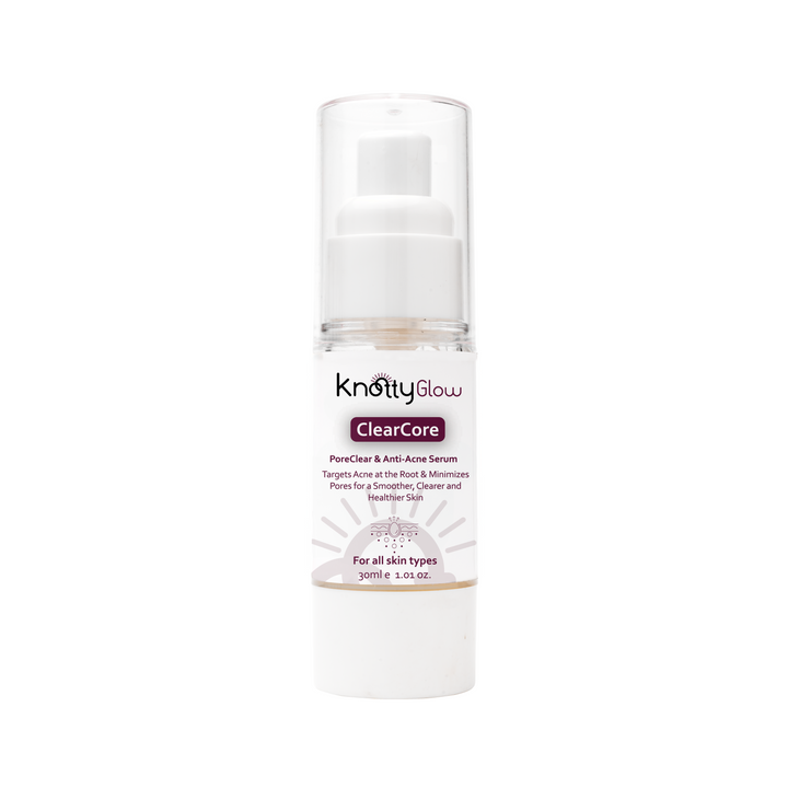 ClearCore Anti-Acne Serum 30ml bottle for acne treatment, reducing breakouts, and calming irritated skin.