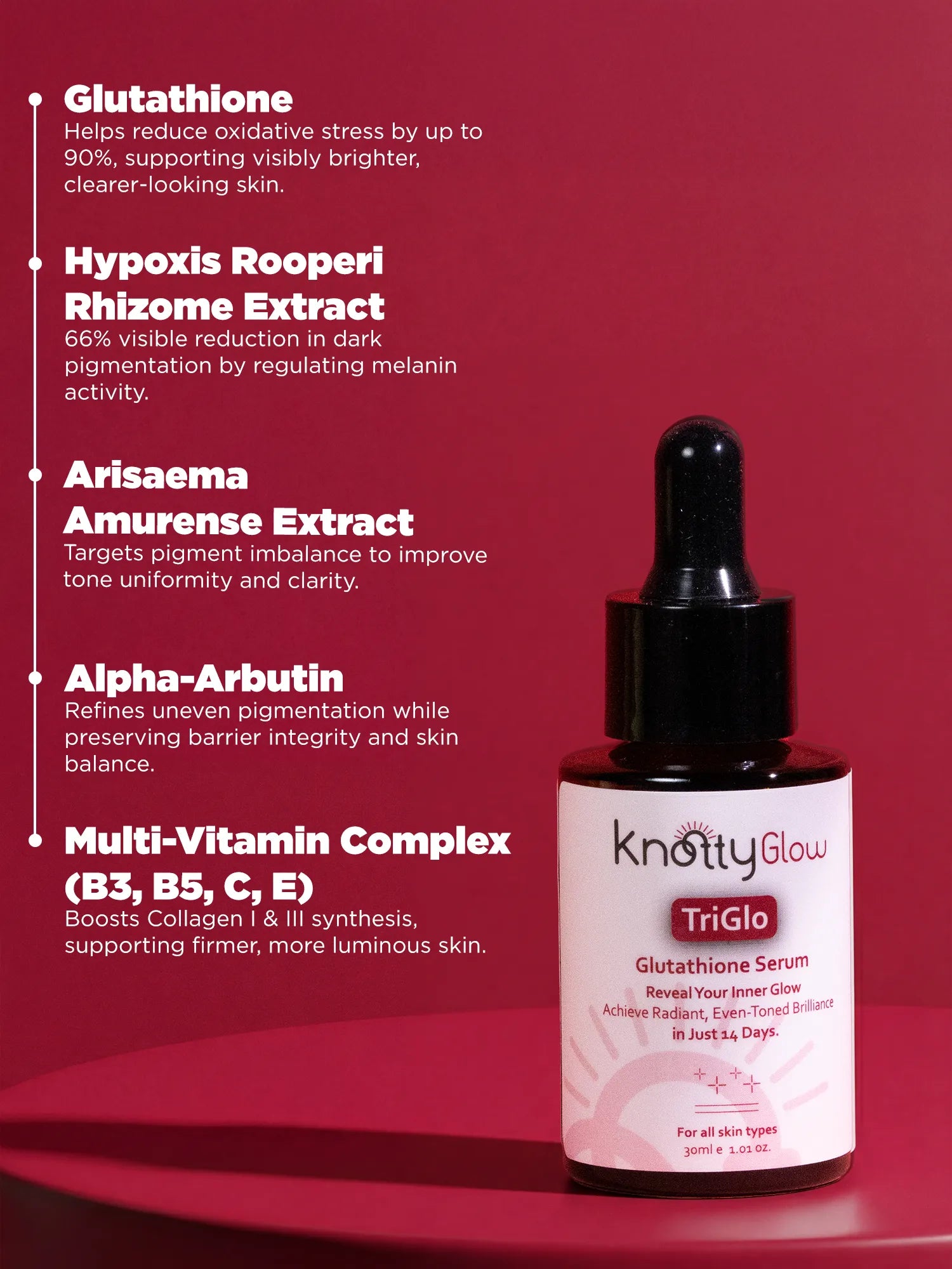 Brightening serum with glutathione, alpha arbutin, and antioxidant ingredients designed to improve skin clarity and reduce pigmentation.