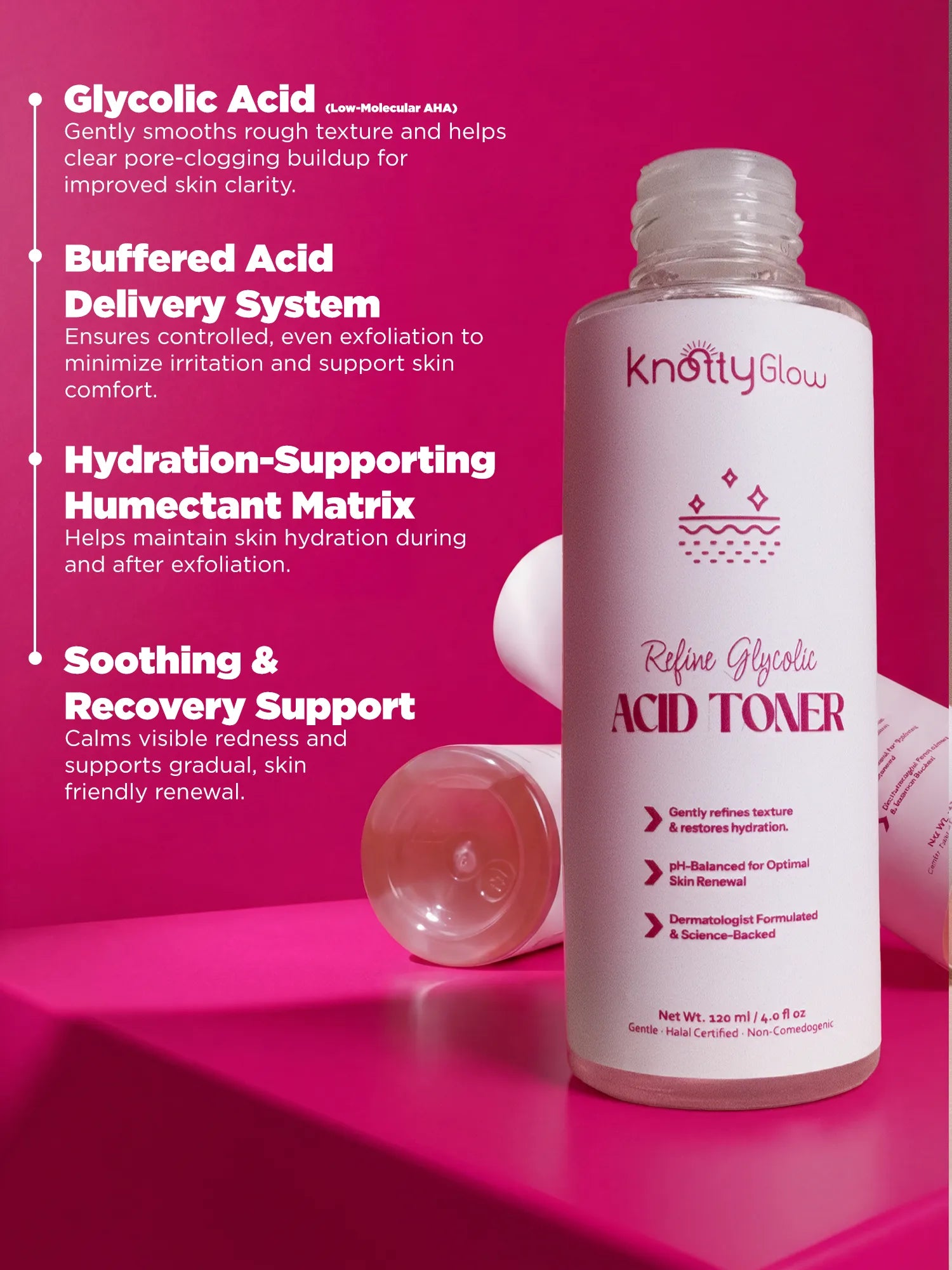 Exfoliating toner formulated with glycolic acid and hydration supporting ingredients to refine skin texture and promote clearer looking skin.