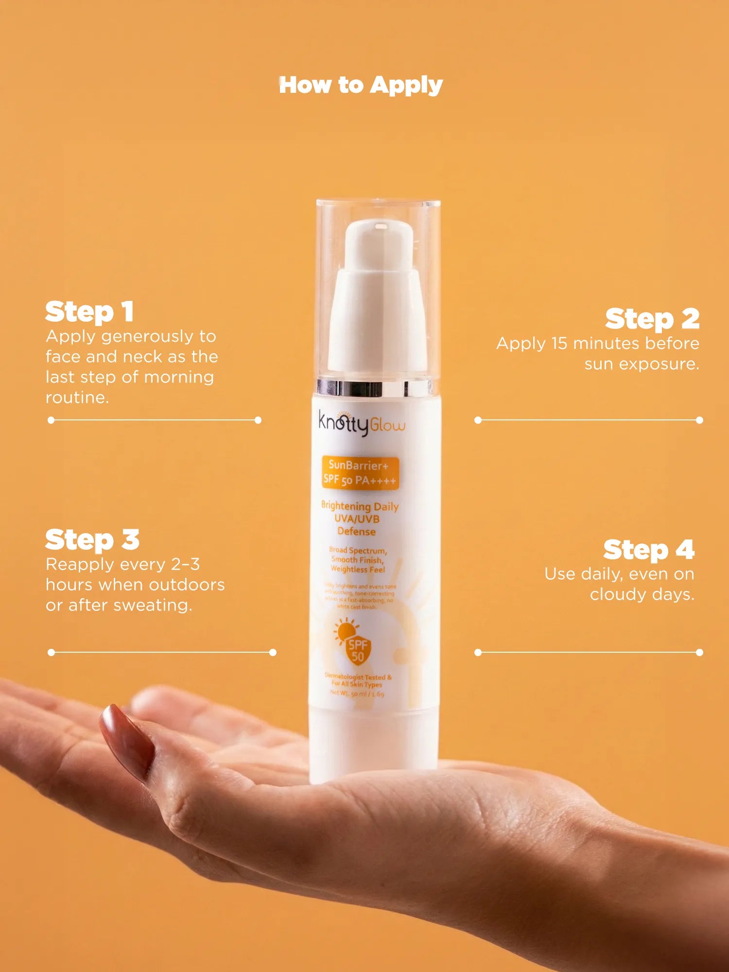 Step by step guide showing how to apply SPF 50 sunscreen on face and neck and reapply every few hours for effective sun protection.
