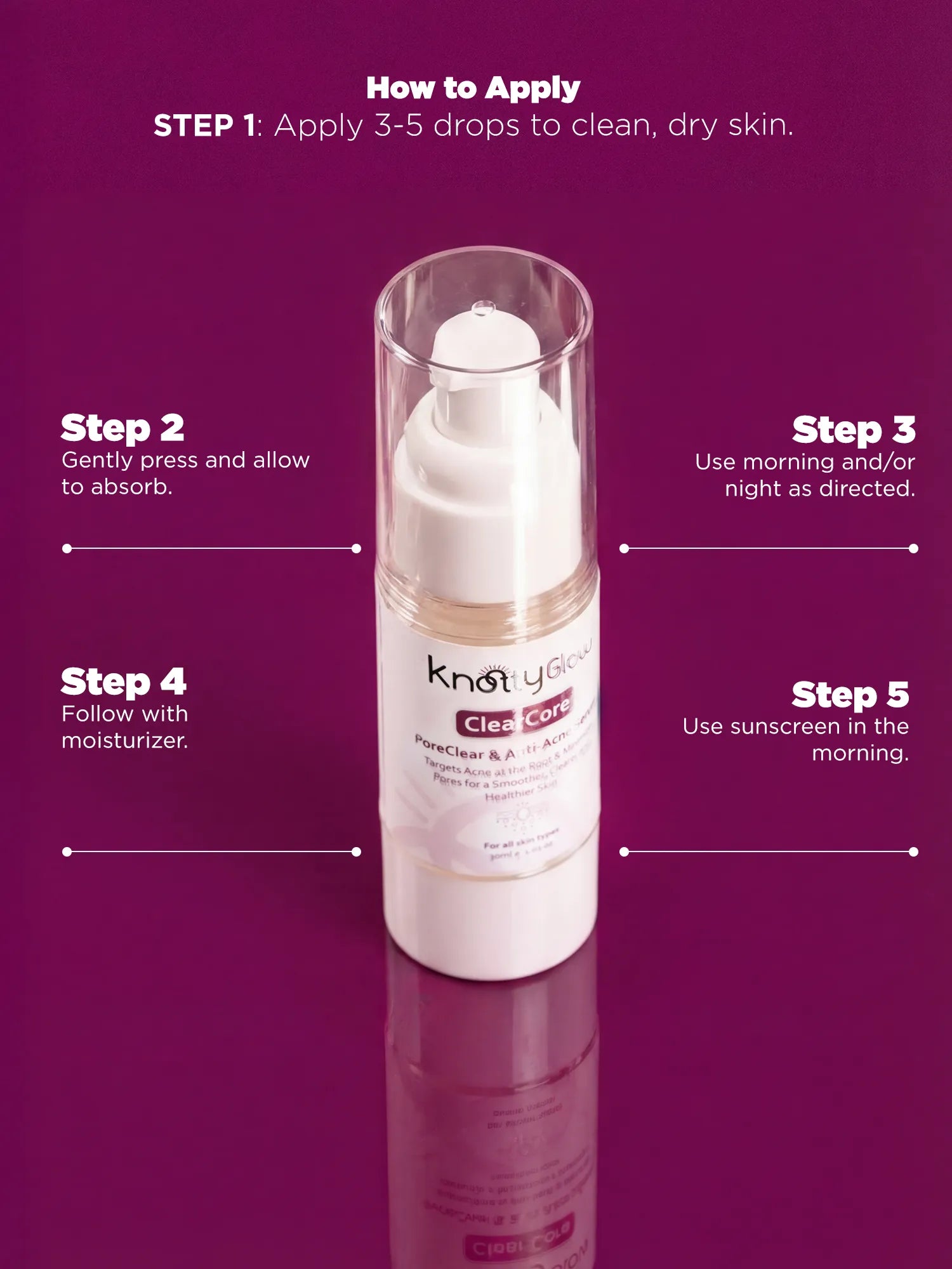 Step by step guide for applying anti acne serum including drop amount, absorption method and importance of sunscreen in morning routine.
