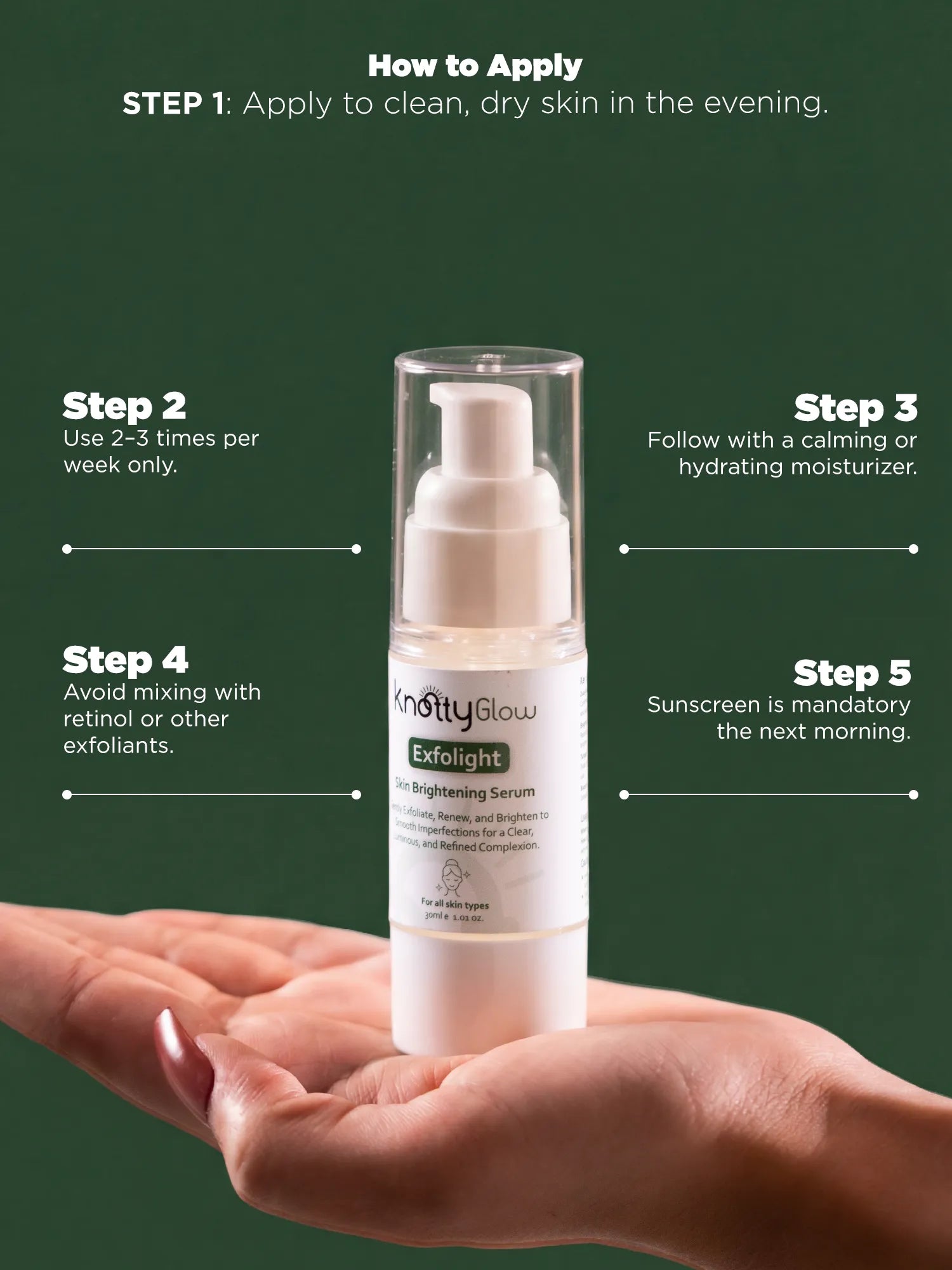 Step by step instructions for applying glycolic acid serum at night, frequency guidance and importance of sunscreen use the next morning.
