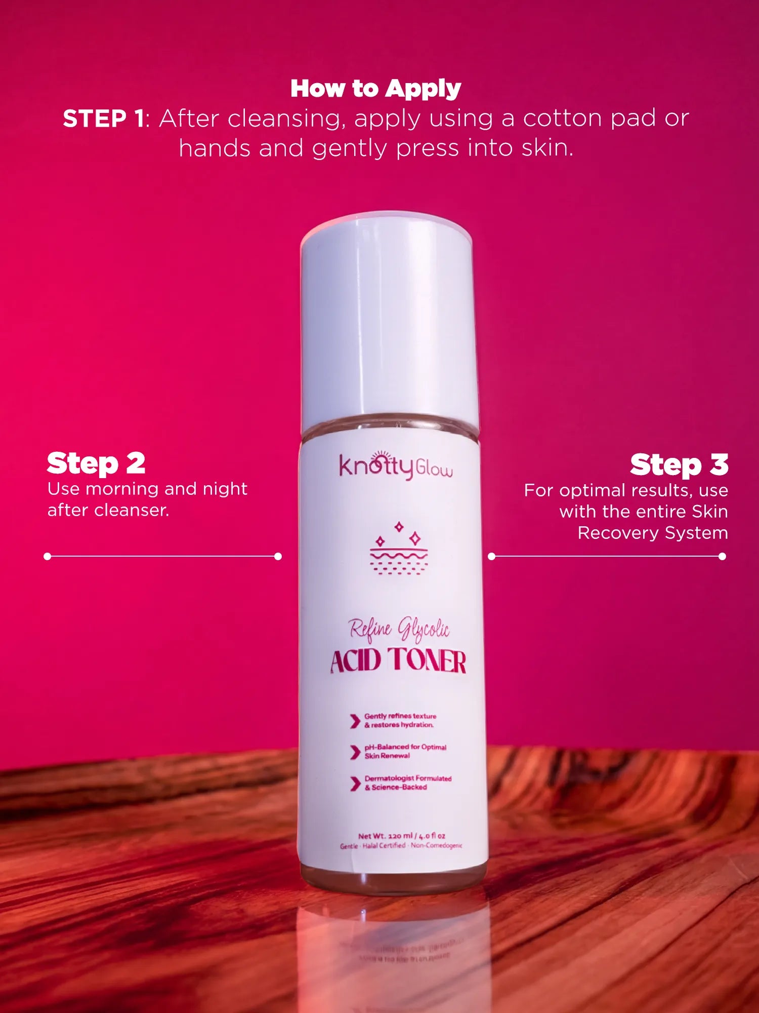 Step by step guide showing how to apply glycolic acid toner after cleansing to support skin renewal and improved texture.