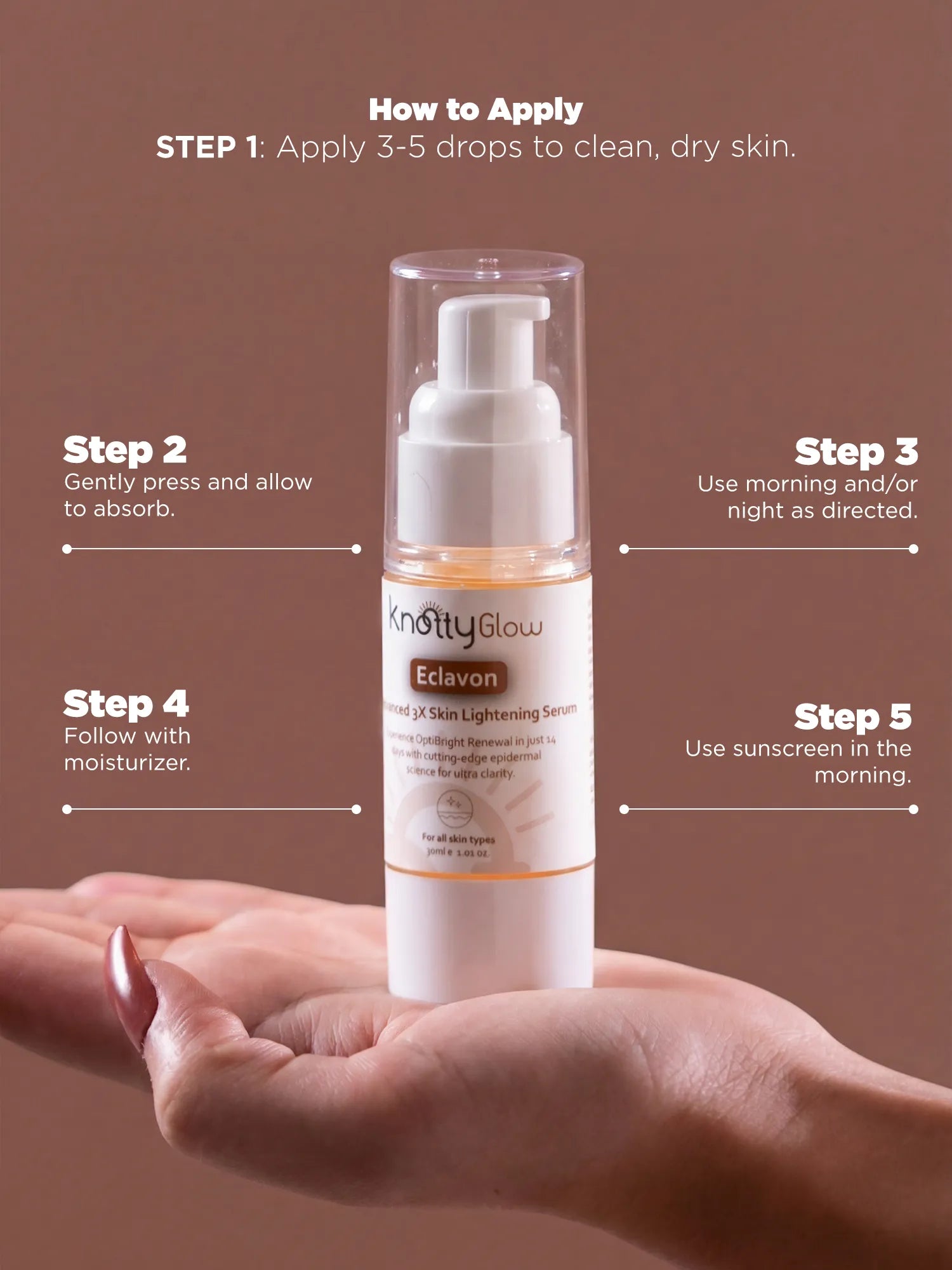 Step by step guide for applying skin lightening serum including proper drop amount, absorption method and daily sunscreen use for best results.

