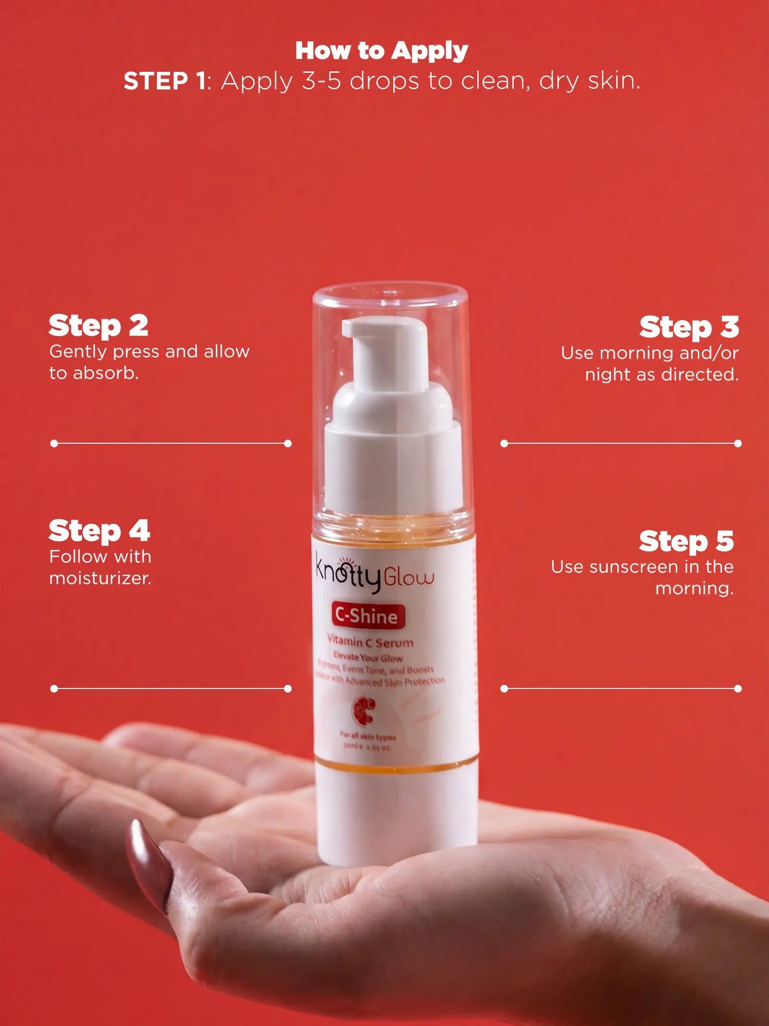 Step by step guide showing how to apply vitamin C serum on clean skin and follow with moisturizer and sunscreen.
