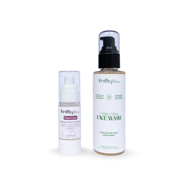 KnottyGlow Acne Action Duo with ClearCore Serum and Anti-Acne Facewash for breakout reduction and pore cleansing.
