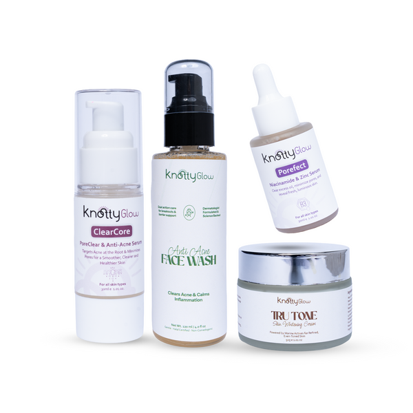 KnottyGlow Acne & Marks Bundle with Anti-Acne Facewash, ClearCore Serum, Porefect Serum, and TruTone Cream.
