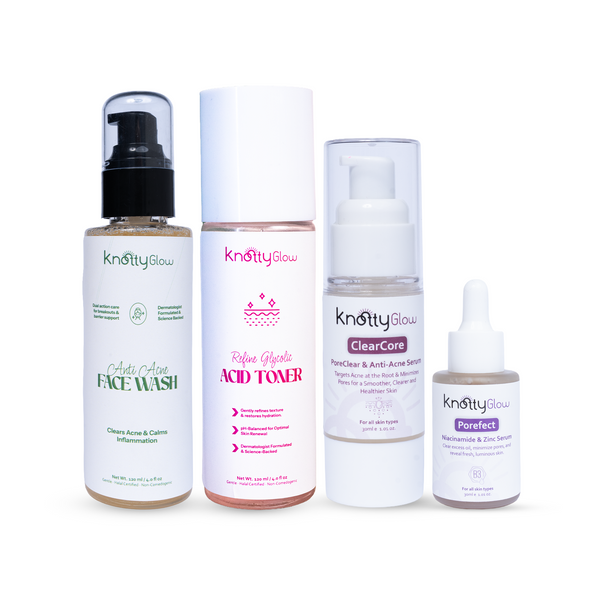 KnottyGlow Acne & Pore Perfecting Bundle with Anti-Acne Facewash, ClearCore Serum, Porefect Serum, and Glycolic Toner.