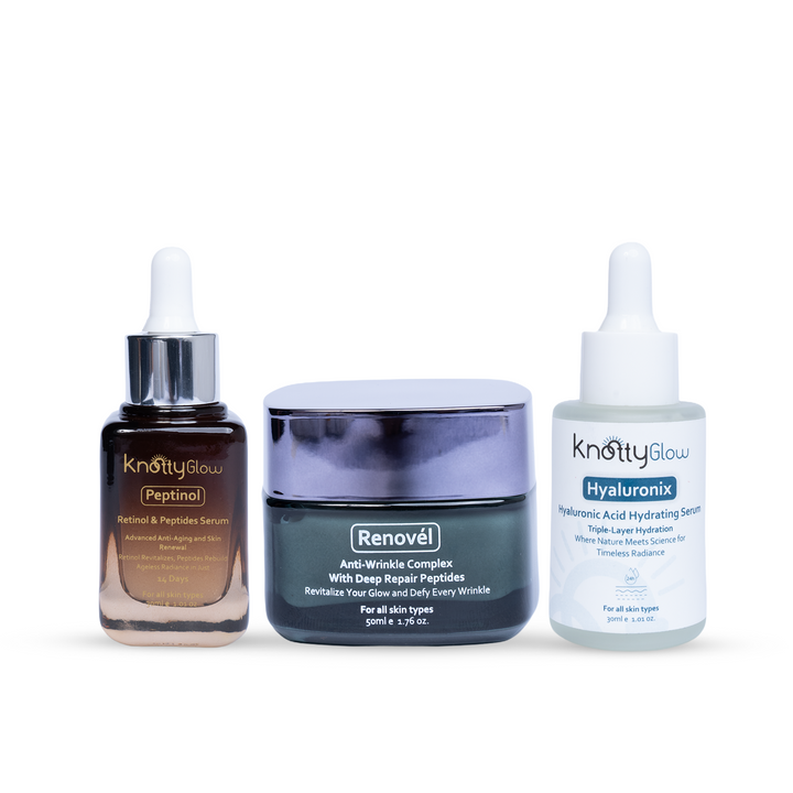 KnottyGlow Age Lift Trio with Renovel Night Cream, Peptinol Retinol Serum, and Hyaluronix Serum for firming and wrinkle reduction.