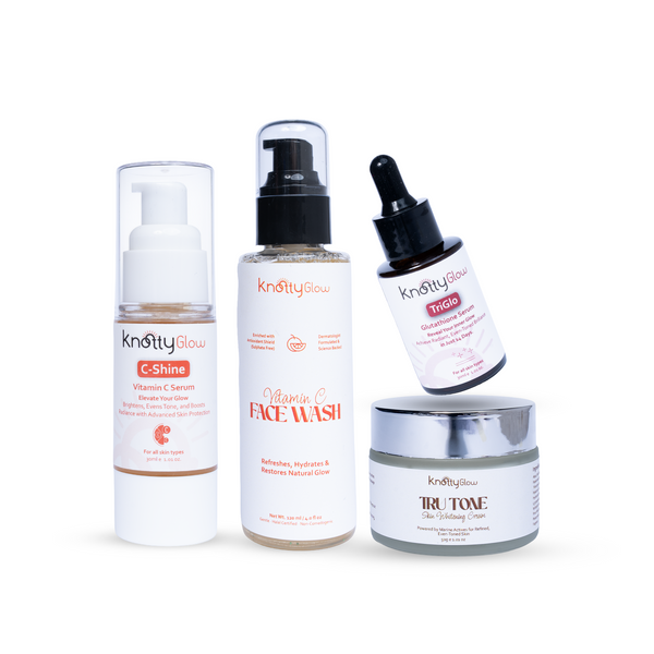 KnottyGlow Anti-Dullness Radiance Bundle with Vitamin C Facewash, C-Shine Serum, TriGlo Serum, and TruTone Cream.