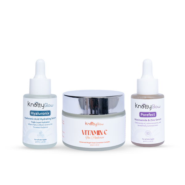 KnottyGlow Barrier Repair and Texture Bundle with Hyaluronix Serum, Vitamin C Cream, and Niacinamide Zinc Serum.