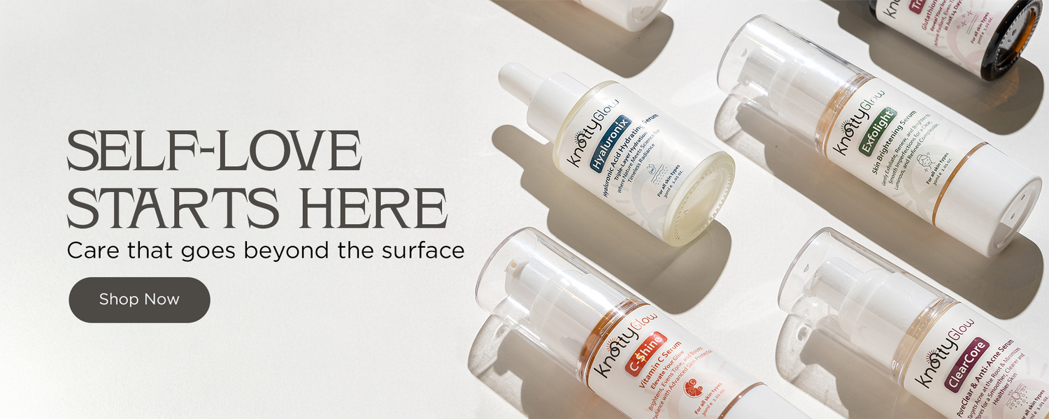 KnottyGlow hydrating and brightening serums arranged in a sunlit flat-lay visual emphasizing self-care, skin nourishment, and a shop-now call to action