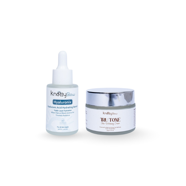 KnottyGlow Clear Glow Duo with TruTone Cream and Hyaluronix Serum for hydration and brightening.