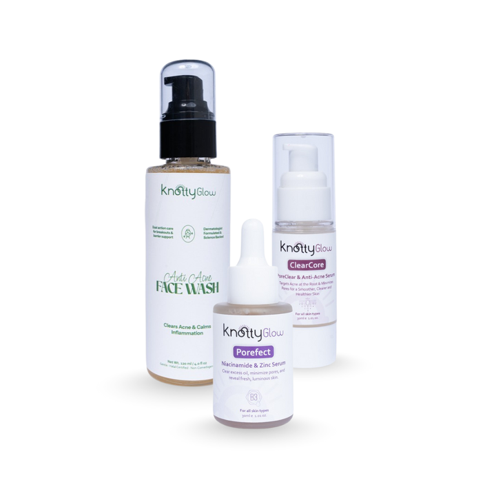 KnottyGlow Clear Skin Repair Trio with Anti-Acne Facewash, ClearCore Serum, and Porefect Serum for acne control and balanced skin.