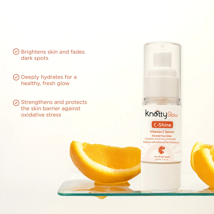 KnottyGlow C-Shine Vitamin C Serum for brightening dull skin, fading dark spots, and improving skin tone for a radiant glow
