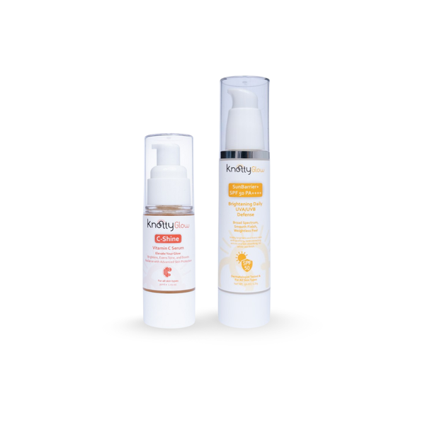 KnottyGlow Daily Defense Duo with C-Shine Serum and SunBarrier+ SPF 50 for brightening and sun protection.