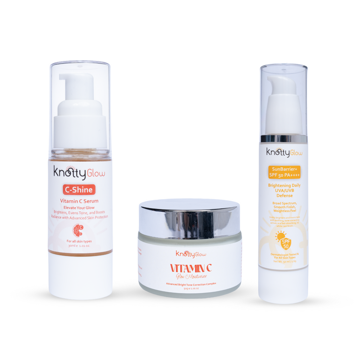 Knottyglow Day Shield Trio with C-Shine Serum, SunBarrier+ SPF 50, and Vitamin C Cream for daytime protection and glow