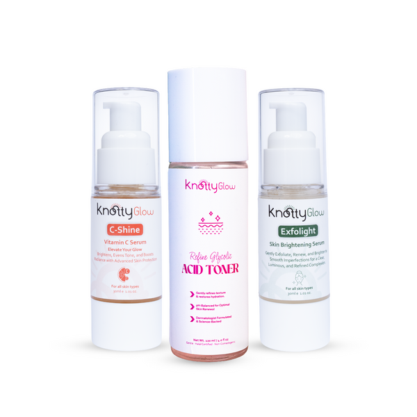 KnottyGlow Deep Exfoliation & Glow Bundle with Glycolic Toner, ExfoLight Serum, and C-Shine Serum for resurfacing and radiance.