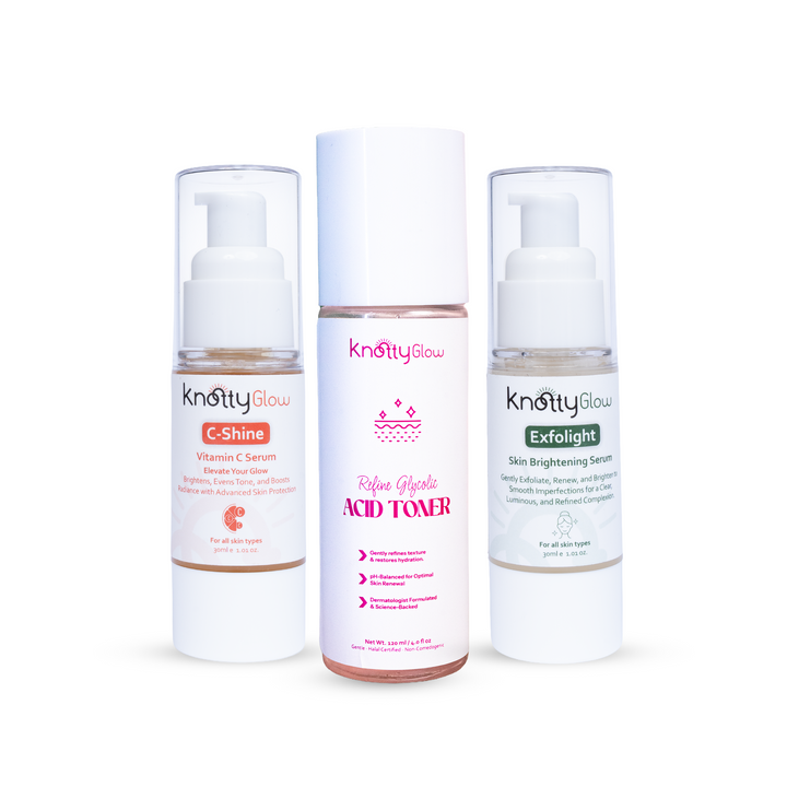 KnottyGlow Deep Exfoliation & Glow Bundle with Glycolic Toner, ExfoLight Serum, and C-Shine Serum for resurfacing and radiance.
