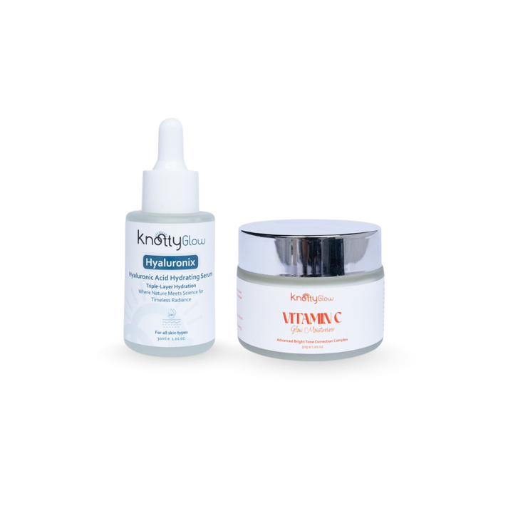 KnottyGlow Deep Hydration Fix Duo with Hyaluronix Serum and Vitamin C Moisturizer for plumping and moisture restoration.