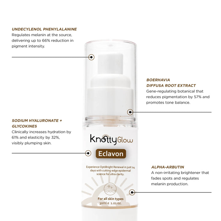 Clarity-boosting Eclavon serum to refine skin tone, improve brightness, and enhance natural glow