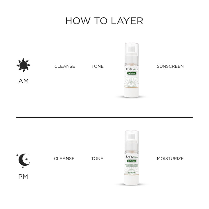 How to layer ExfoLight Brightening Serum: AM cleanse, tone, apply serum, sunscreen; PM cleanse, tone, serum, moisturize