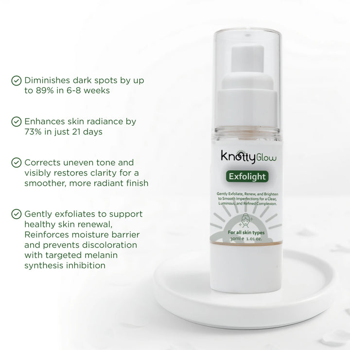 KnottyGlow Exfolight skin brightening serum to fade dark spots, reduce pigmentation, and reveal a luminous, even complexion