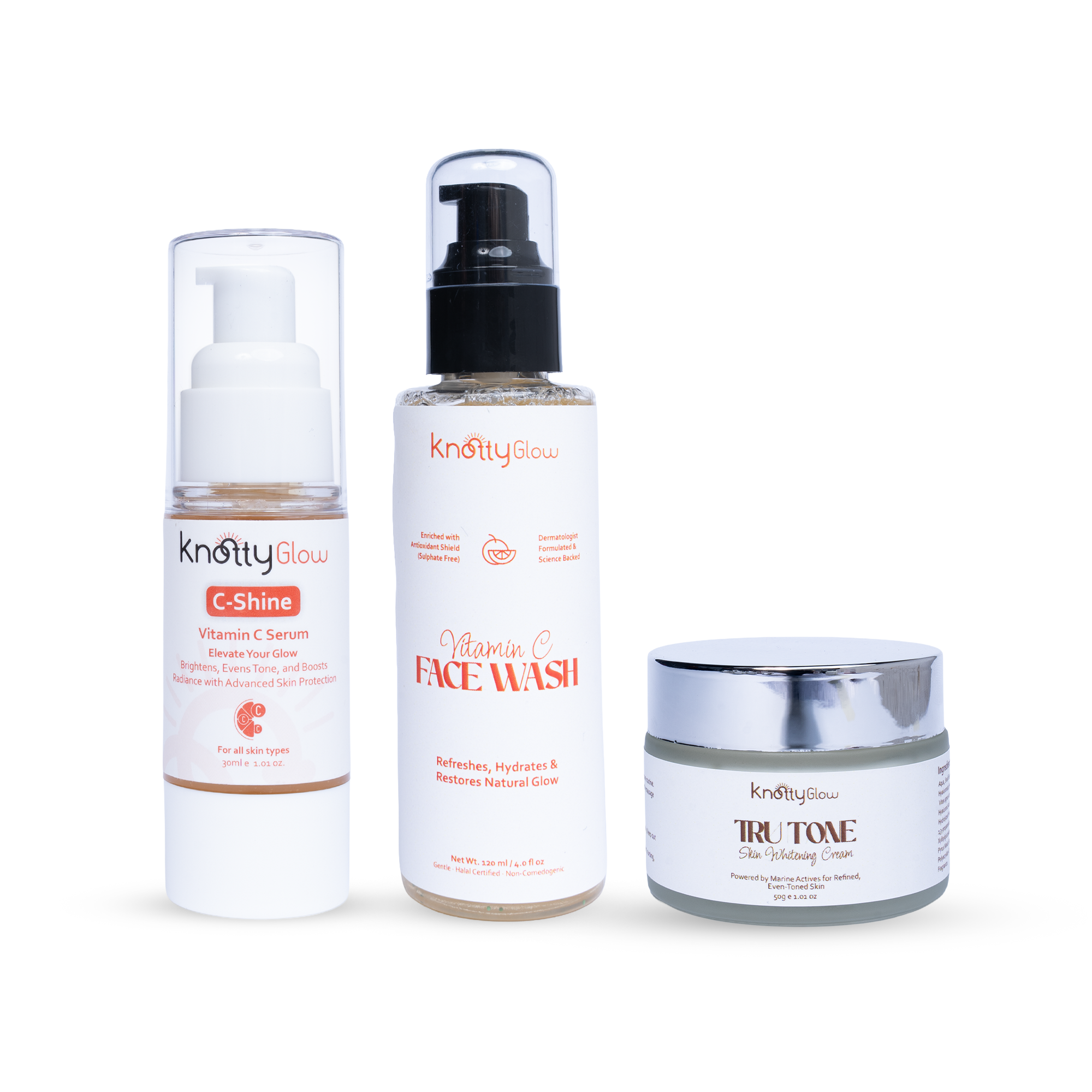 KnottyGlow Glass Skin Hydration Bundle with TruTone Cream, Vitamin C Facewash, and C-Shine Serum for luminous hydrated skin.