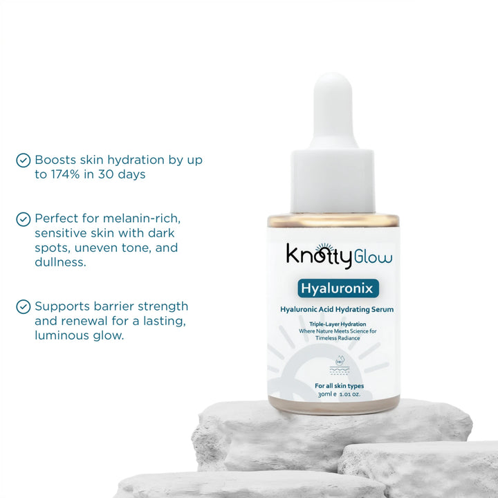 KnottyGlow Hyaluronix hydrating serum with multi-weight hyaluronic acid for intense, long-lasting moisture