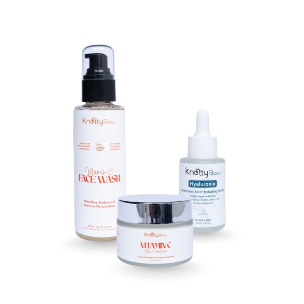 KnottyGlow Hydration Glow Trio with Vitamin C Facewash, Hyaluronix Serum, and Vitamin C Moisturizer for hydration and radiance.