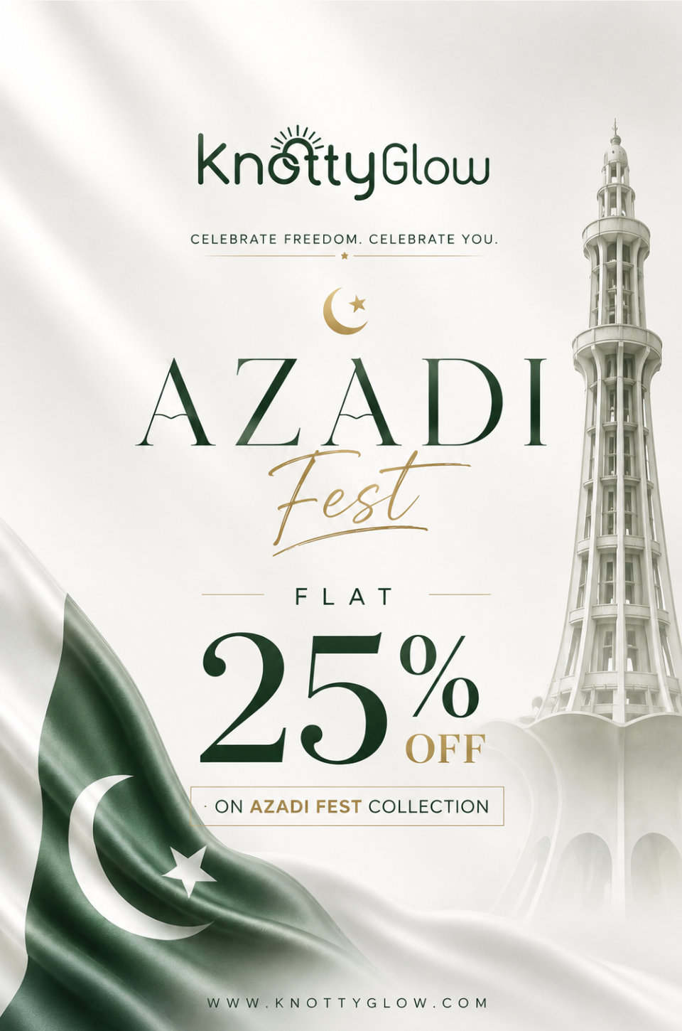 Celebrate Pakistan Independence Day with KnottyGlow Azadi Fest. Get a flat 25% discount on dermatologist-developed skincare formulated for Pakistani skin, including Vitamin C, retinol, niacinamide, anti-acne, sunscreen and hydration essentials.