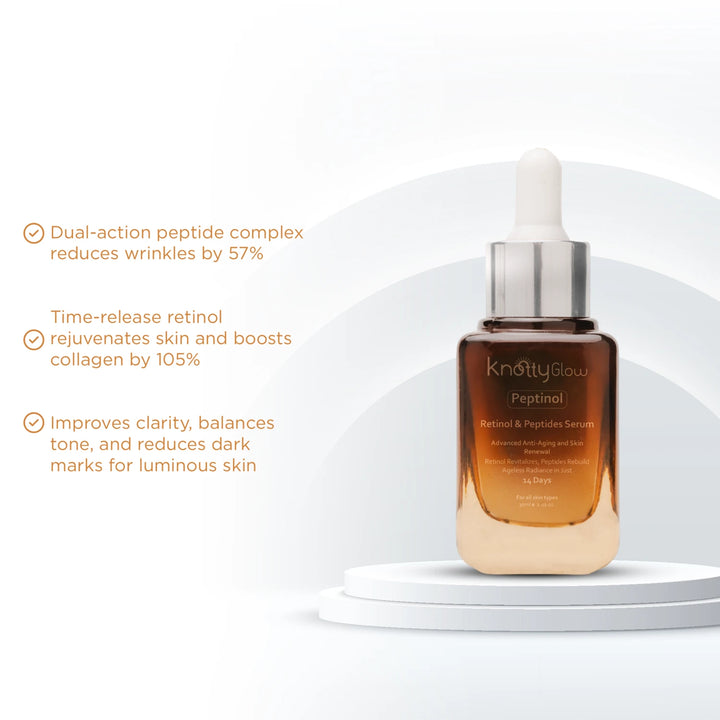 KnottyGlow Peptinol serum with retinol and peptides for advanced anti-aging, targeting wrinkles, fine lines, and loss of firmness