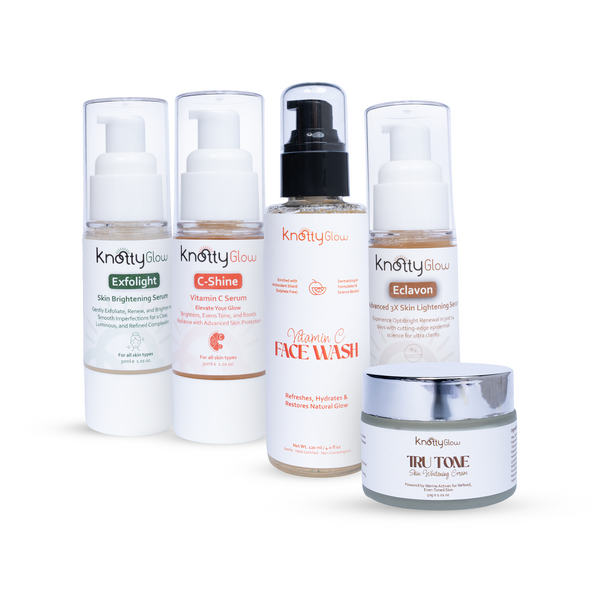 KnottyGlow Pigmentation Correction Kit with Eclavon Serum, C-Shine Serum, Glycolic Toner, Vitamin C Facewash, and TruTone Cream.