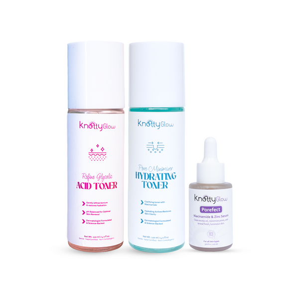 KnottyGlow Pore Refining Trio with Pore Minimizer Toner, Niacinamide Zinc Serum, and Glycolic Toner for smoother pores.