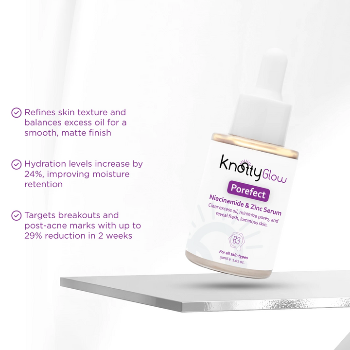 KnottyGlow Porefect Niacinamide and Zinc Serum for Pakistani skin, minimizes the look of pores and refines texture