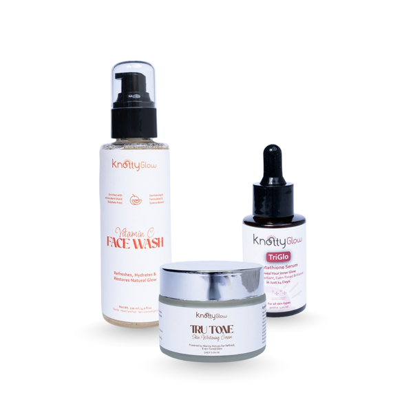 KnottyGlow Radiance Correction Trio with Vitamin C Facewash, TriGlo Serum, and TruTone for tone correction and brightening.