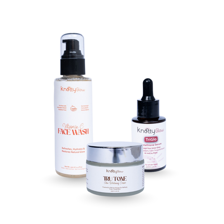 KnottyGlow Radiance Correction Trio with Vitamin C Facewash, TriGlo Serum, and TruTone for tone correction and brightening.