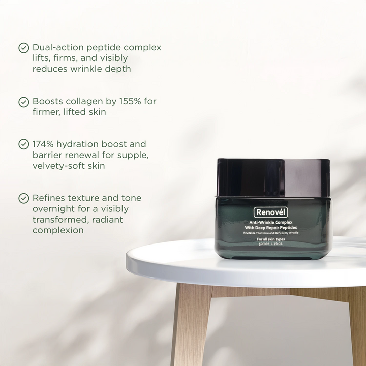 KnottyGlow Renovel peptide night cream to reduce wrinkles, boost elasticity, and restore skin firmness while you sleep