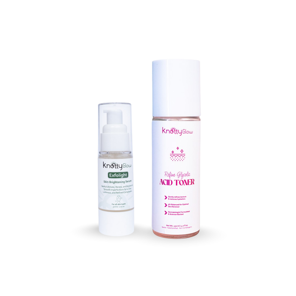 KnottyGlow Smooth Renewal Duo with ExfoLight AHA/BHA Serum and Glycolic Toner for exfoliation and texture smoothing.