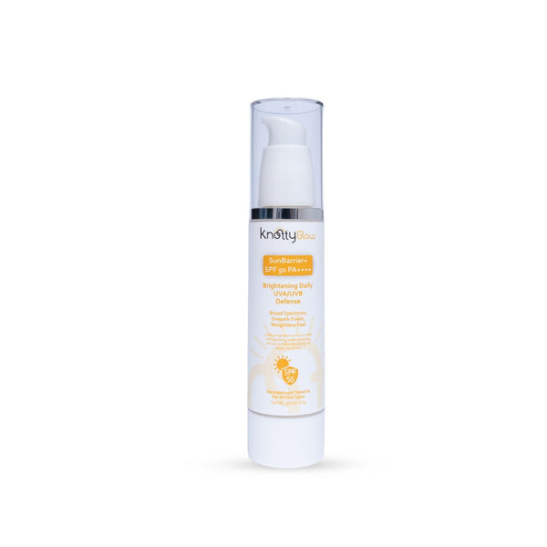 KnottyGlow SunBarrier+ SPF 50 PA++++ sunscreen for UVA/UVB protection and daily sun defense.