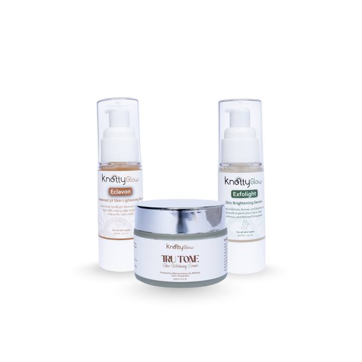  KnottyGlow Targeted Fade Trio with ExfoLight, Eclavon, and TruTone Cream for dark spot fading and pigmentation correction.