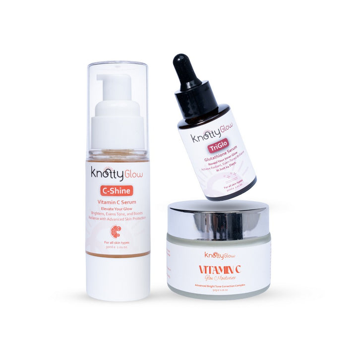 KnottyGlow Triple Glow System with C-Shine Serum, TriGlo Serum, and Vitamin C Moisturizer for advanced brightening and glow.