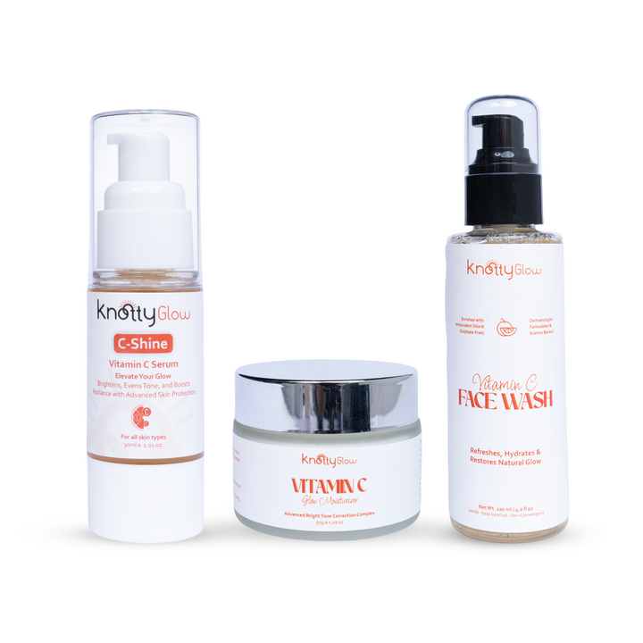 KnottyGlow Vitamin C Bundle with Vitamin C Facewash, C-Shine Serum, and Vitamin C Cream for brightening and antioxidant support.