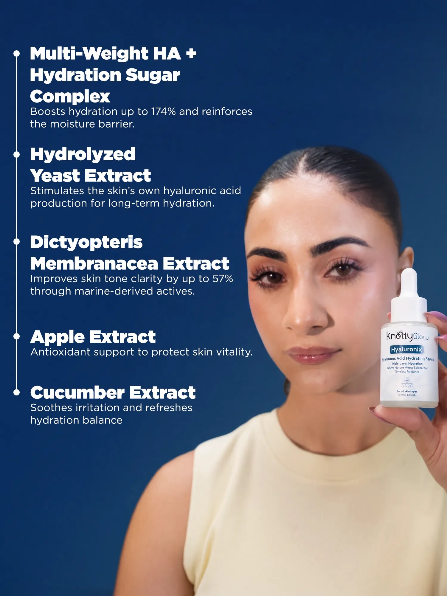 Multi molecular weight hyaluronic acid combined with yeast extract and antioxidant rich botanicals to boost long term hydration and reinforce skin resilience.
