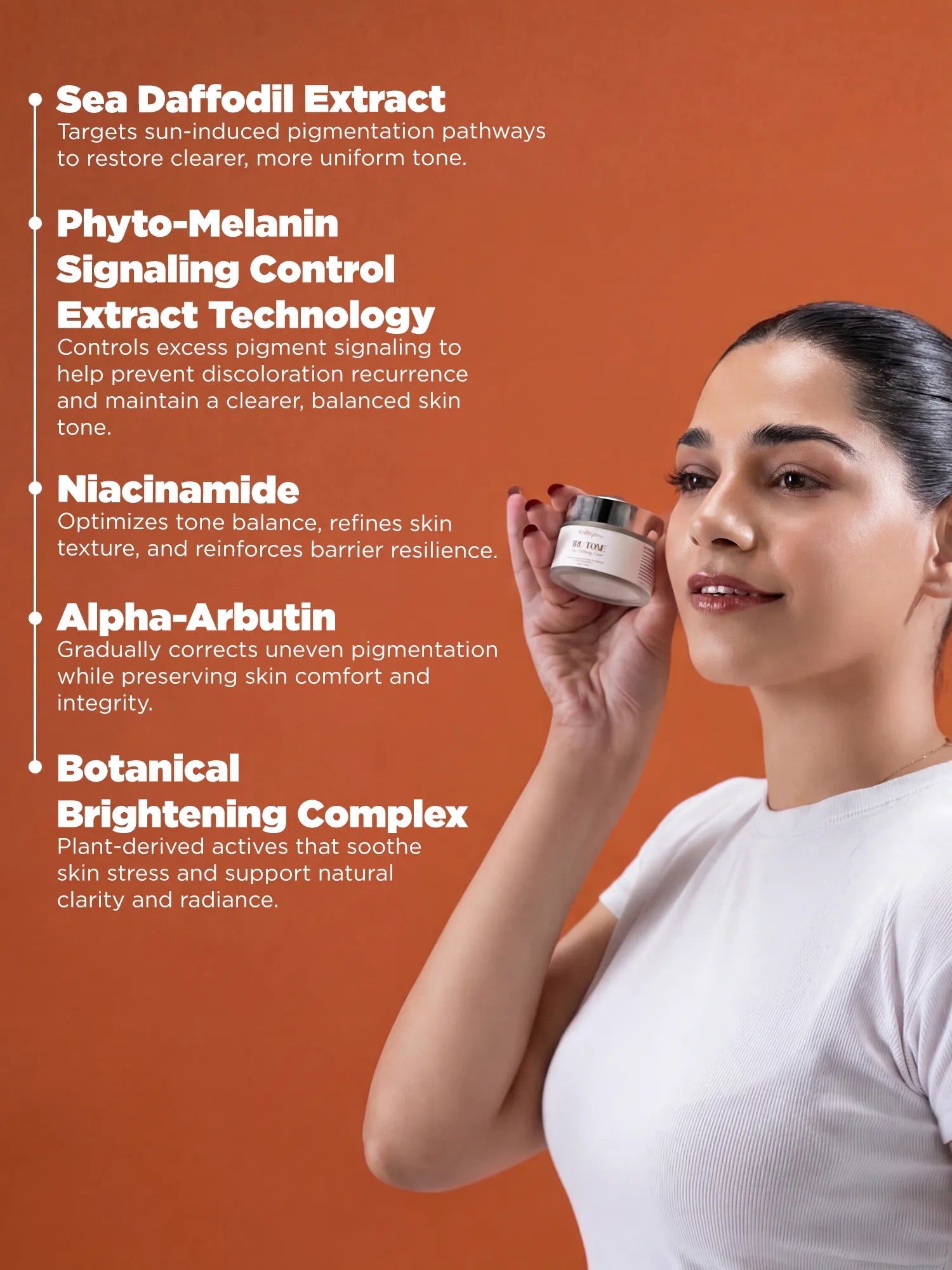 Skin brightening cream with niacinamide, alpha arbutin, and botanical extracts designed to improve skin tone and texture.