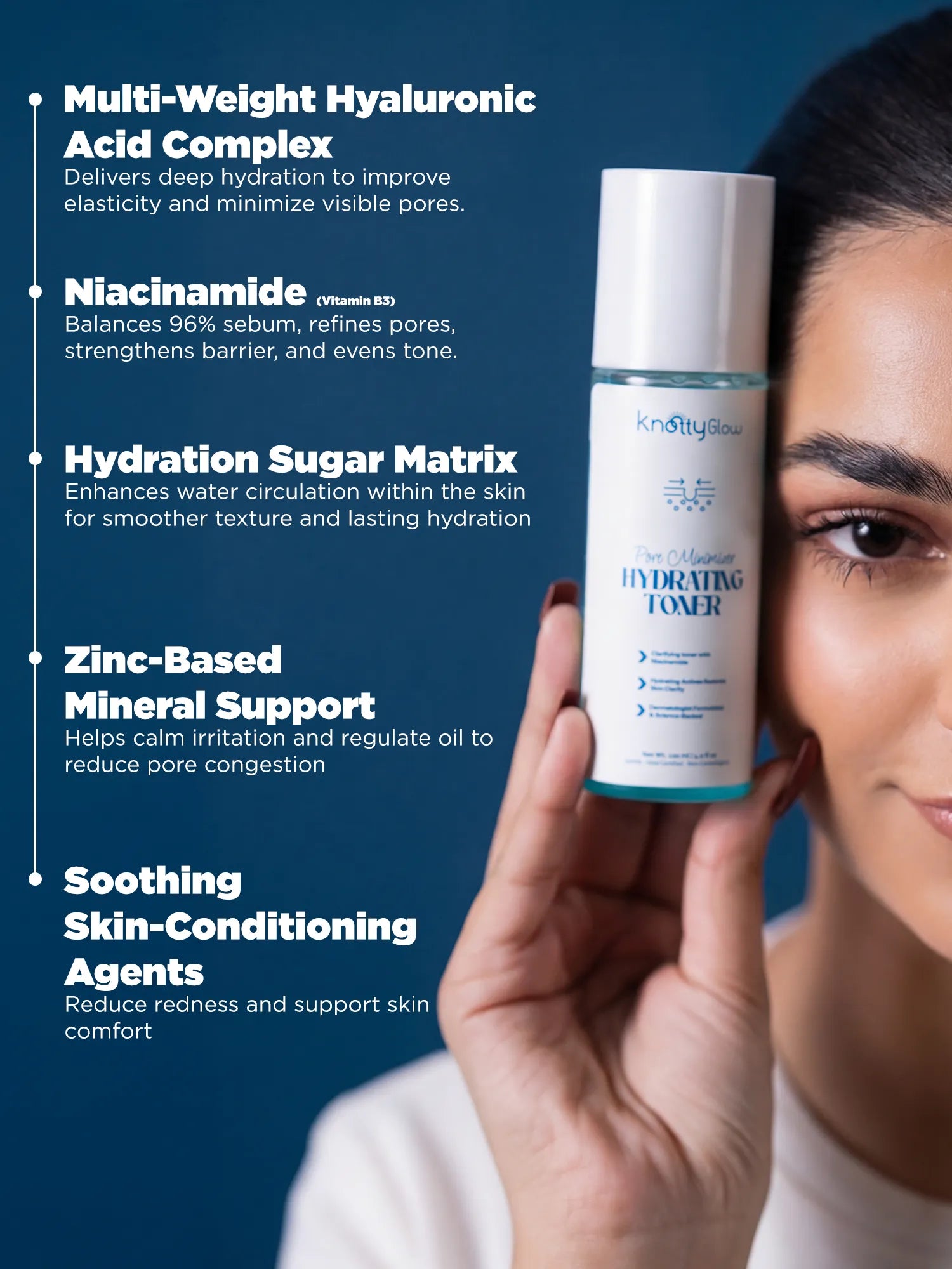 Hydrating toner with niacinamide and hyaluronic acid complex designed to improve skin hydration, refine pores, and strengthen the skin barrier.