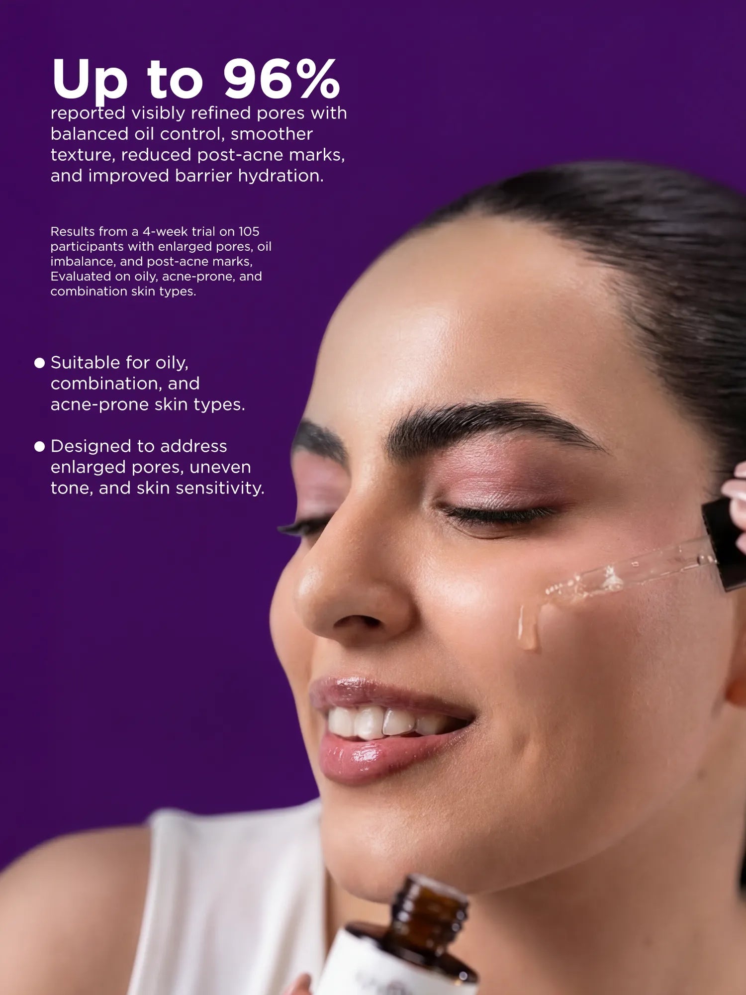 Clinical results showing visible pore reduction, improved oil balance, and smoother skin texture with niacinamide serum.