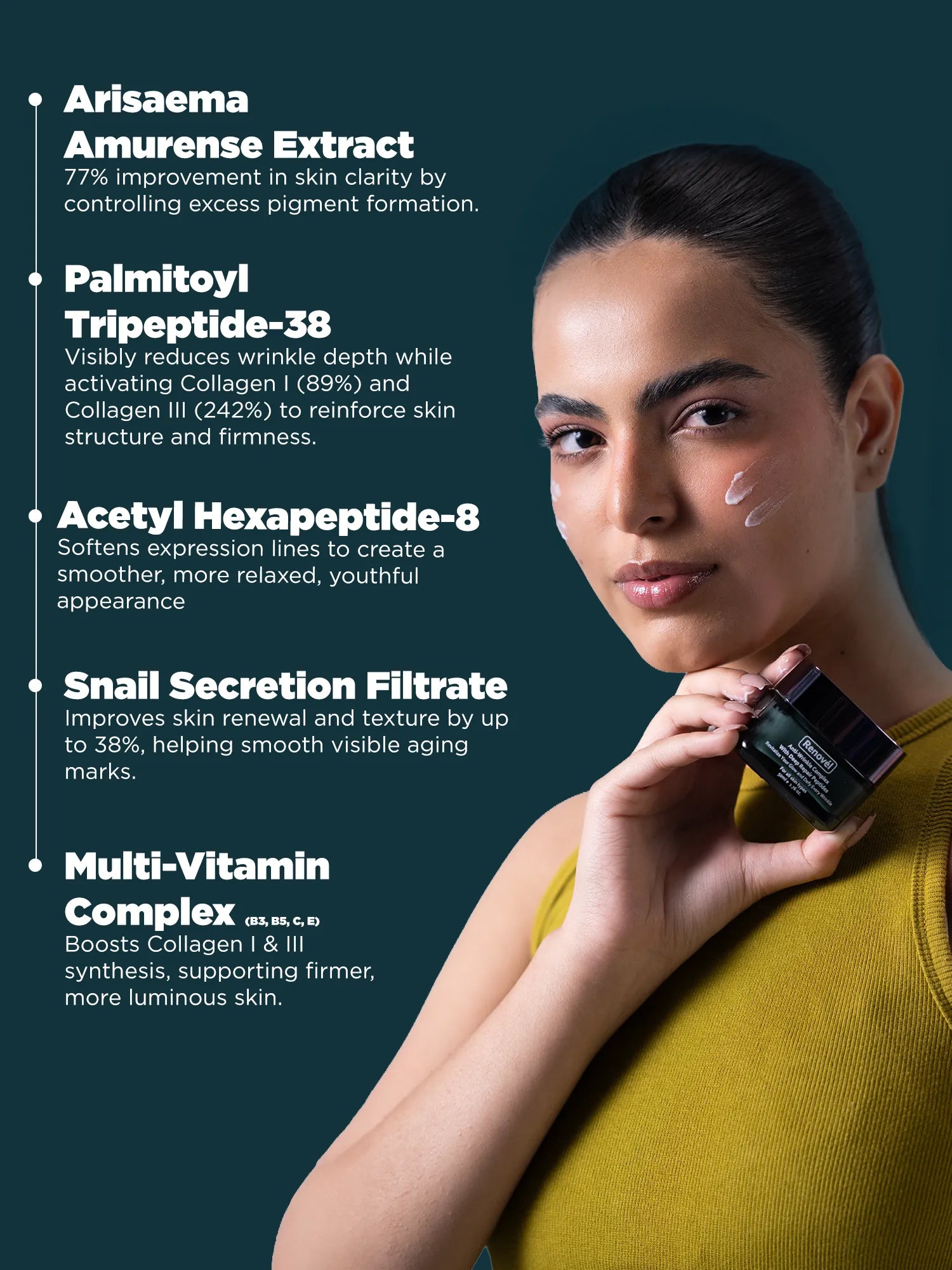 Anti aging peptide cream with collagen supporting peptides and skin renewal ingredients to improve firmness and reduce wrinkles.